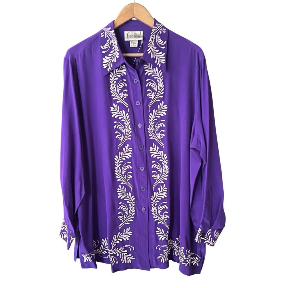 Diane Von Furstenberg Silk Embroidered Floral Blouse 1X Purple NWT